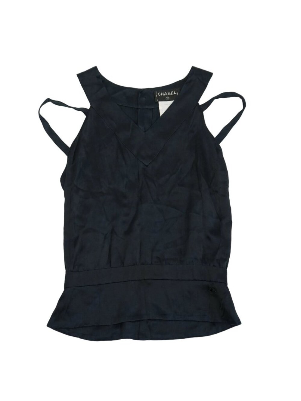 Chanel Women Black Silk Sleeveless Top CC Logo Button Back Blouse Size 44